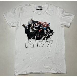 Missguided Kiss Graphic T-shirt Women Small White Music Distressed